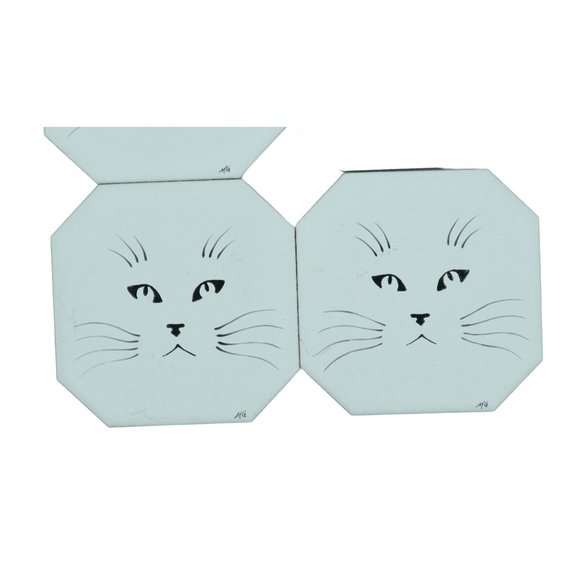 Vintage Kitty Cat Coasters In Wood Holder Porcelain Tiles Signed MG Set of 4 Hom - Picture 7 of 10